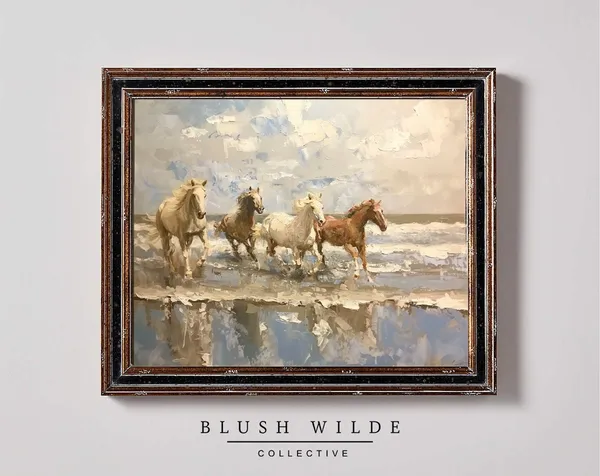Wild Horses Beach Vintage Landscape Art Print