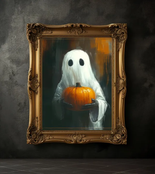 Ghost With Pumpkin Halloween Art Print, Dark Academia