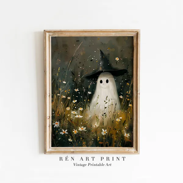 Cute Ghost Halloween Wall Art, Floral Print