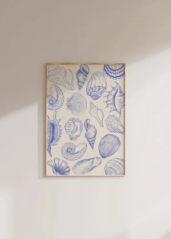 Blue Sea Shells Vintage Line Art Coastal Poster