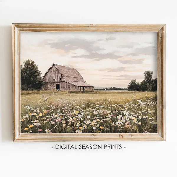 Vintage Old Barn Wildflower Print, Rustic Farmhouse