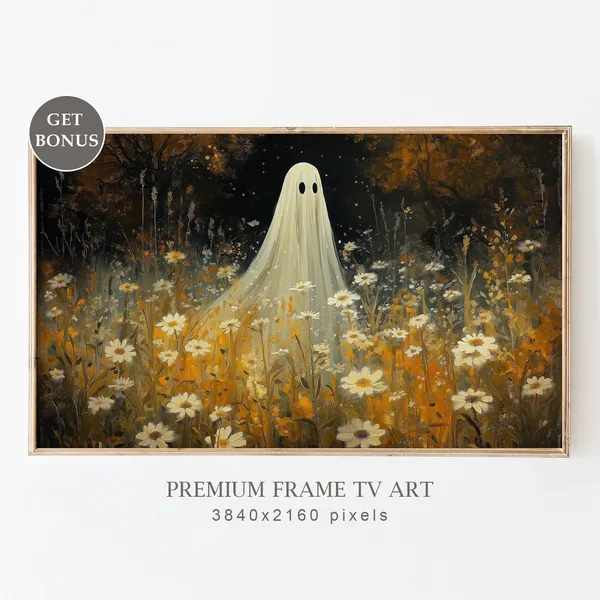 Ghost in Wildflower Field, Vintage Halloween Art Print