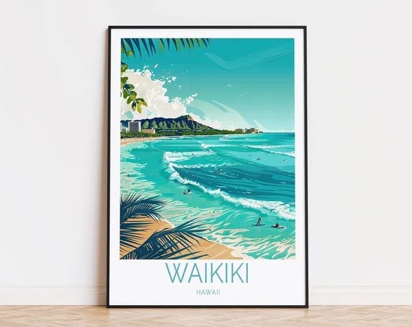 Waikiki Hawaii Travel Poster, Surf and Coast Art