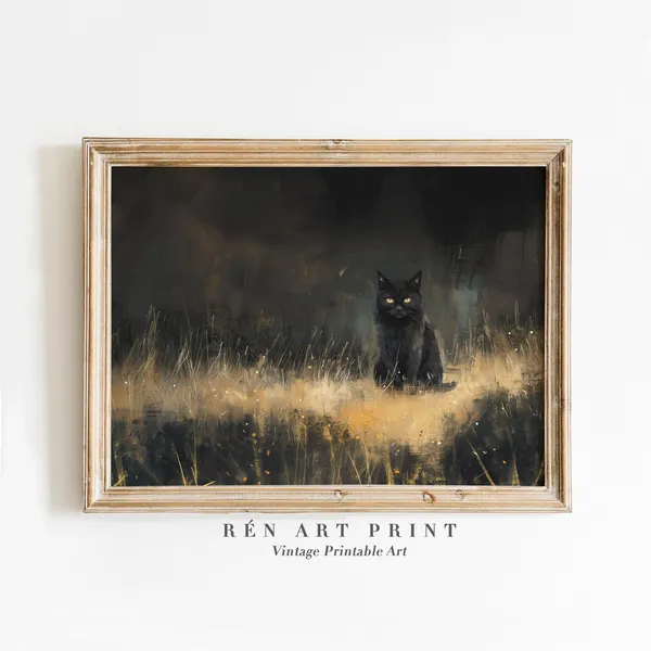 Vintage Black Cat Halloween Wall Art Print
