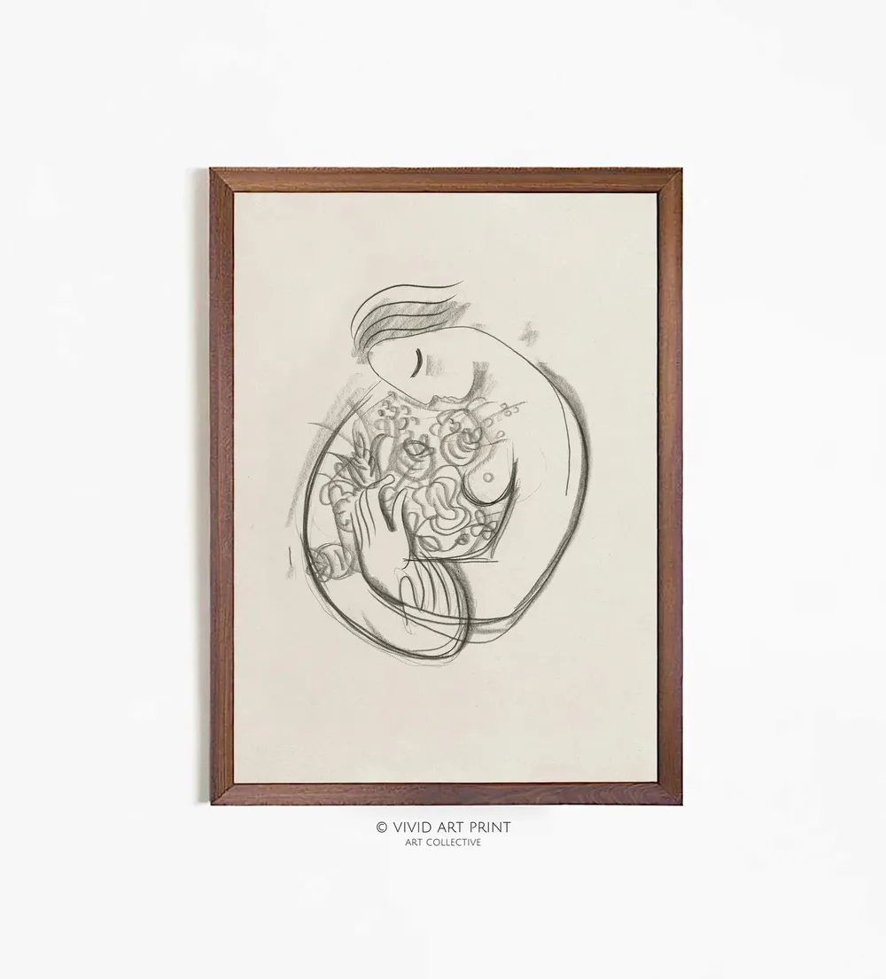 A Girl With Flowers, Vintage Art Deco Print