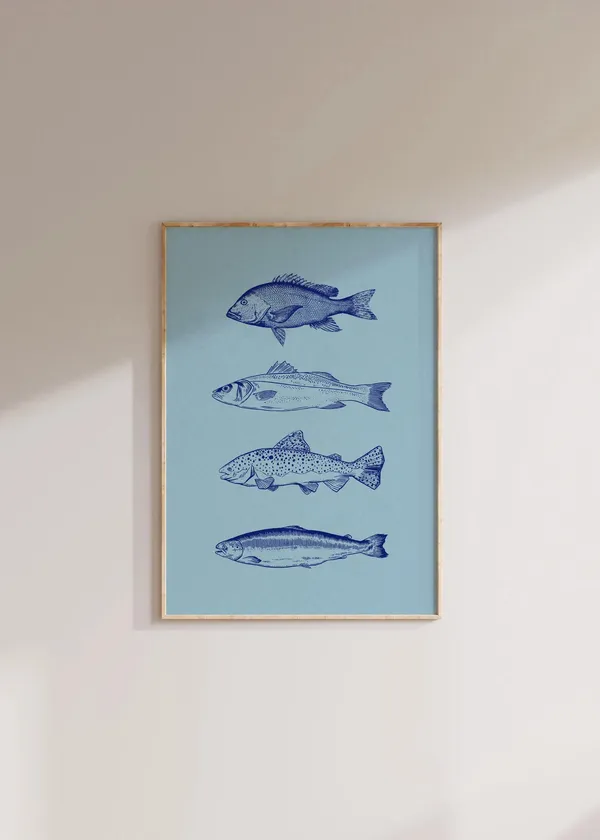 Blue Fish Vintage Line Art Poster, Summer Decor