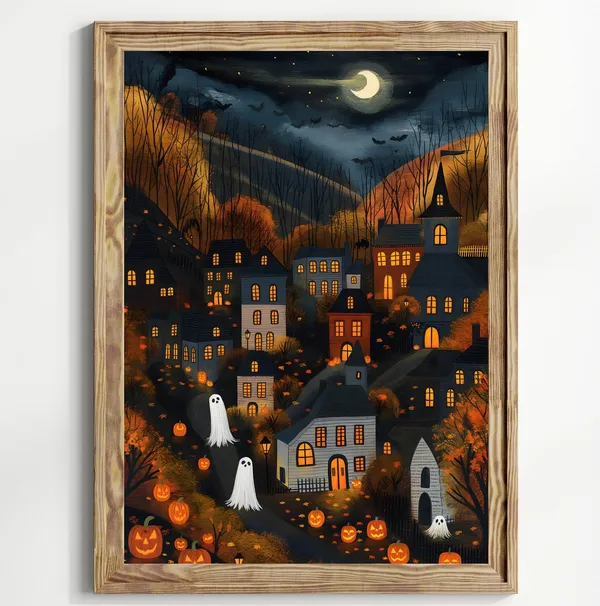 Halloween Town Folk Art Print, Halloween Decor