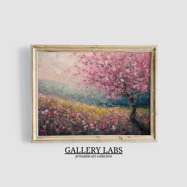 Pink Wildflower Painting, Farmhouse Spring Landscape Art Print