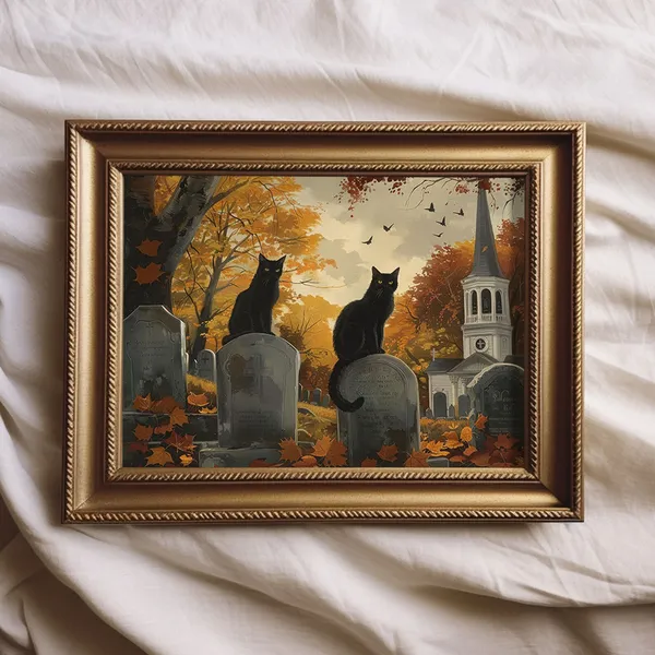 Black Cats Graveyard Vintage Halloween Art Print