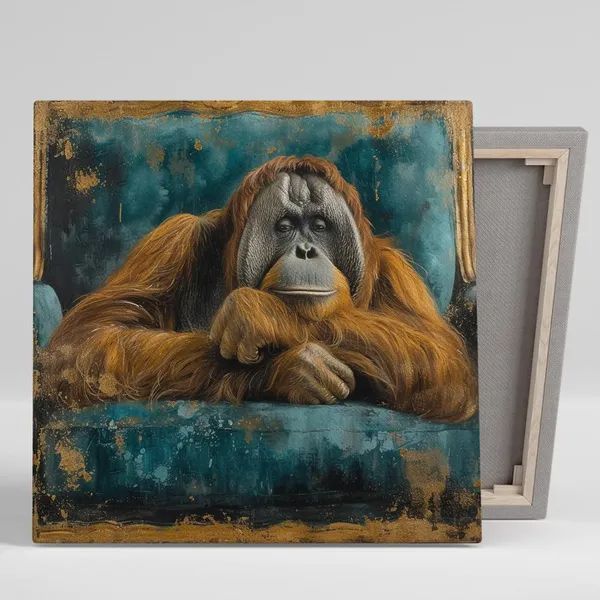 Contemporary Orangutan Portrait Art Print, Orange Blue Gold