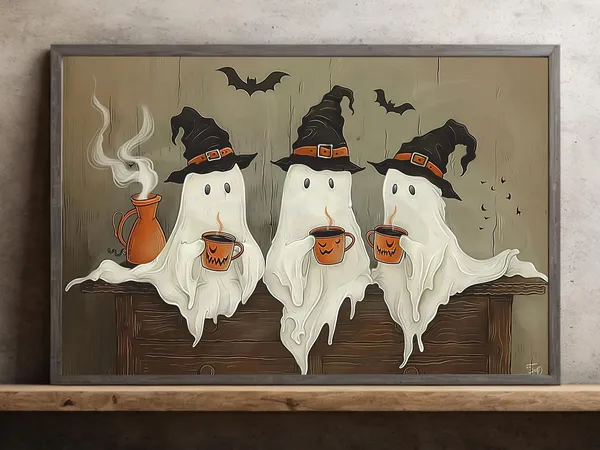 Vintage Three Witchy Ghosts Halloween Poster Art Print