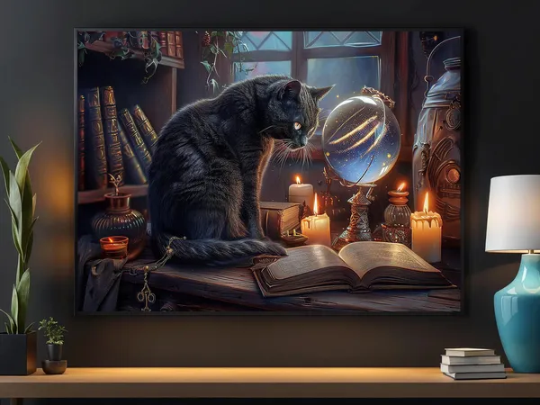 Gothic Cat Witch Poster, Halloween Wall Art Print