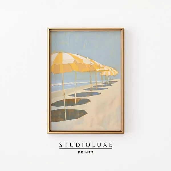 Yellow Parasols Painting, Coastal Beachy Art Print