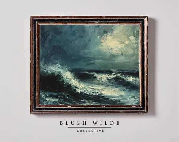 Vintage Stormy Seas Oil Painting Print, Moody Ocean