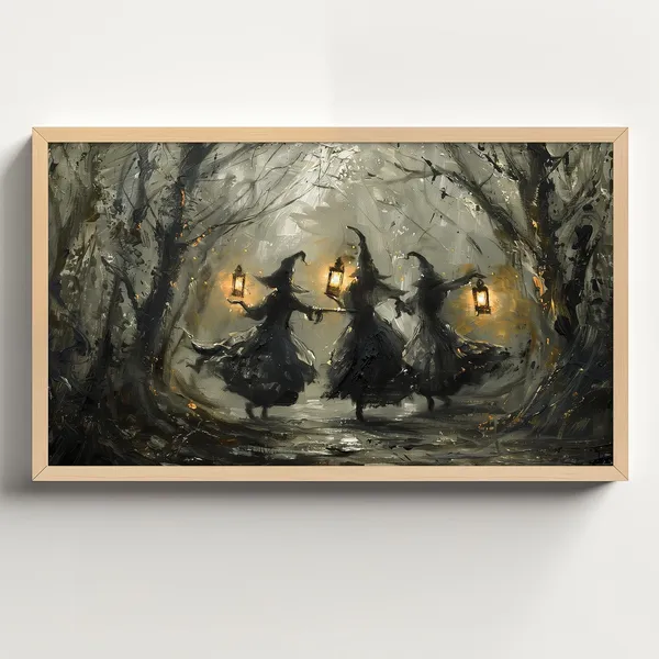 Flying Spooky Witches in Forest, Halloween Art Print