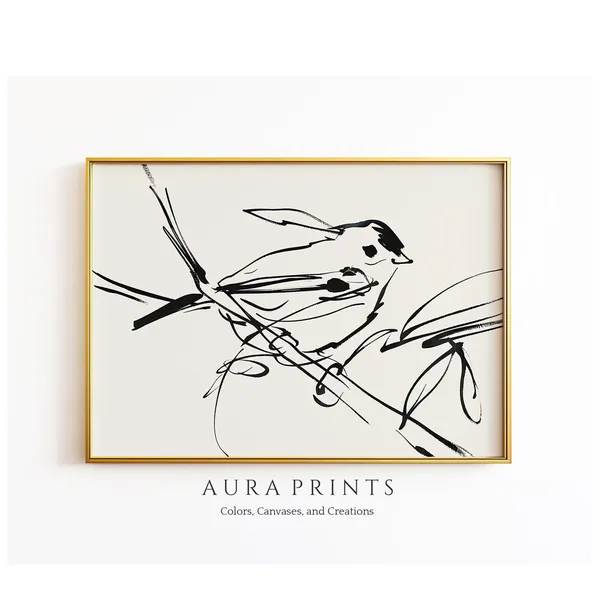 Antique Bird Line Art Sketch, Vintage Farmhouse Print
