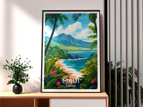 Maui Travel Poster, Hawaii Volcanoes and Mountains