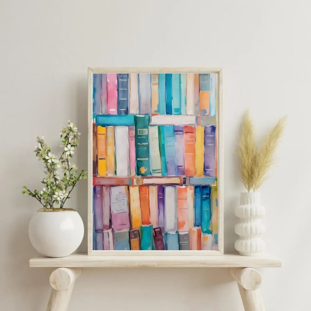 Vibrant Bookshelf Art Print, Modern Reading Decor