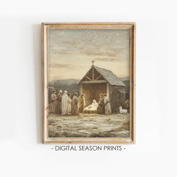 Vintage Nativity Scene, Christian Christmas Art Print