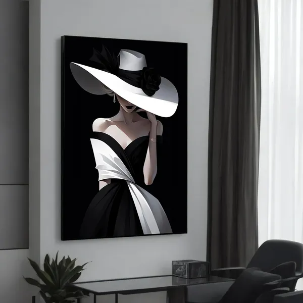Elegant Lady In Hat Art Print, Black And White Fashion