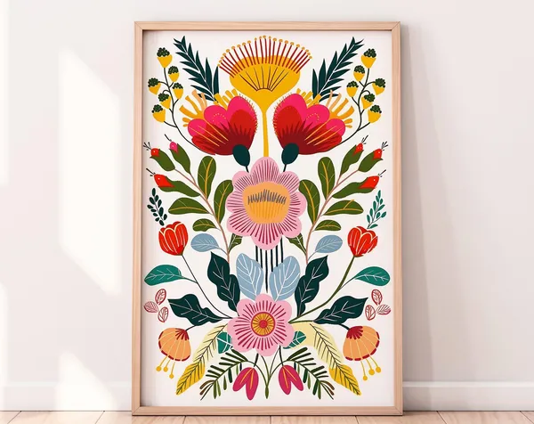 Colorful Floral Folk Art Illustration, Nordic Art Print