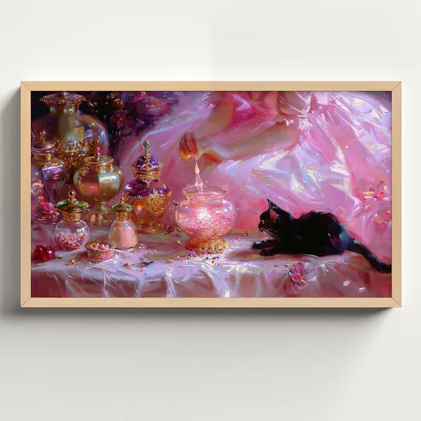 Pink Witch With Black Cat Halloween Art Print