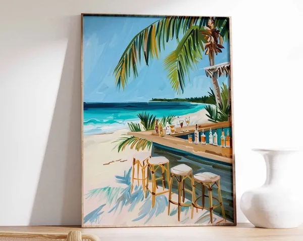 Caribbean Beach Bar Poster, Tropical Cocktail Art