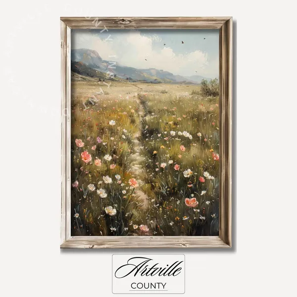 Wildflower Field Painting Vintage Country Landscape Art Print