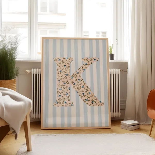 K Initial Floral Watercolor Art Print, Vintage