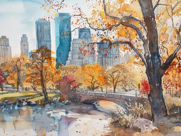 Autumn Central Park Watercolor Art Print, New York