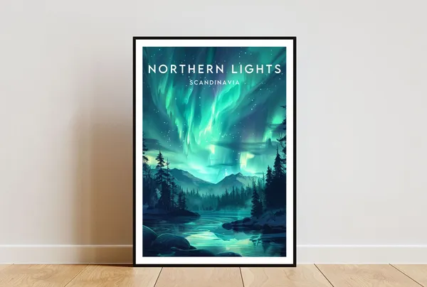 Northern Lights Travel Poster, Scandinavia Tour