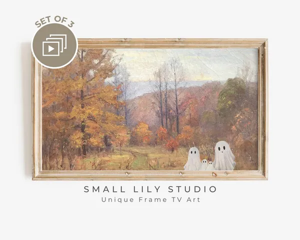 Ghost Family Of 4 in Vintage Landscape, Halloween Art Print