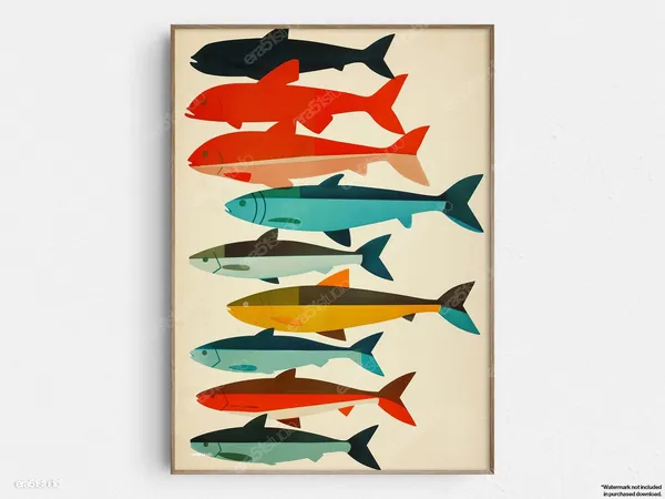 Colorful Fish Silhouettes Mid-Century Modern Art Print