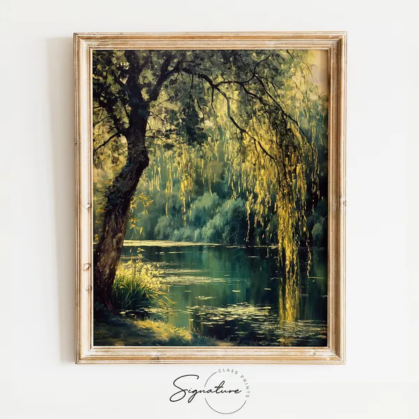 Weeping Willow Painting, Serene Pond Landscape