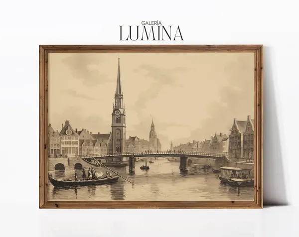 Hamburg Canal and Buildings, Vintage Engraving Art Print