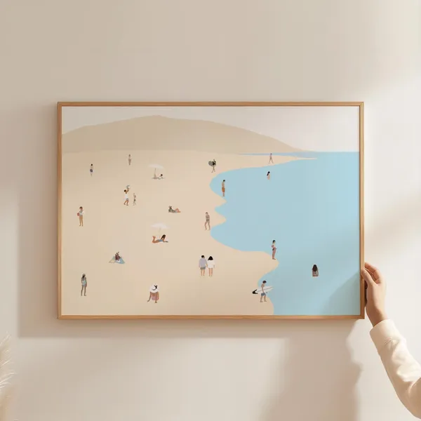Minimalist Beach People Swimming Vintage Art Print