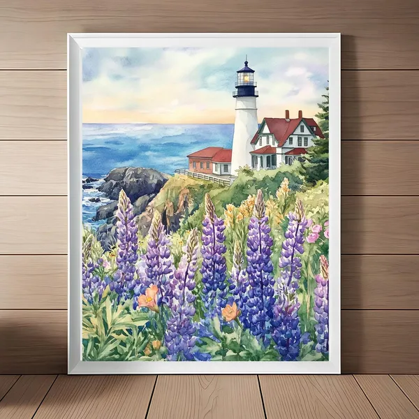 Coastal Maine Seascape Watercolor, Lighthouse Travel Poster