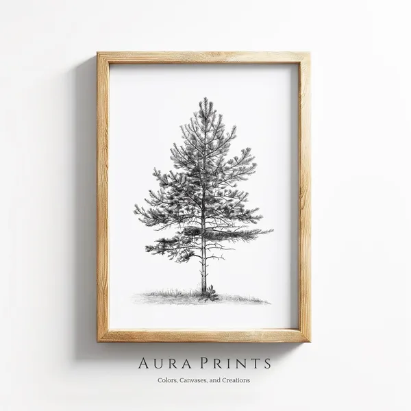 Pine Tree Pencil Art, Neutral Cottage Nursery Print