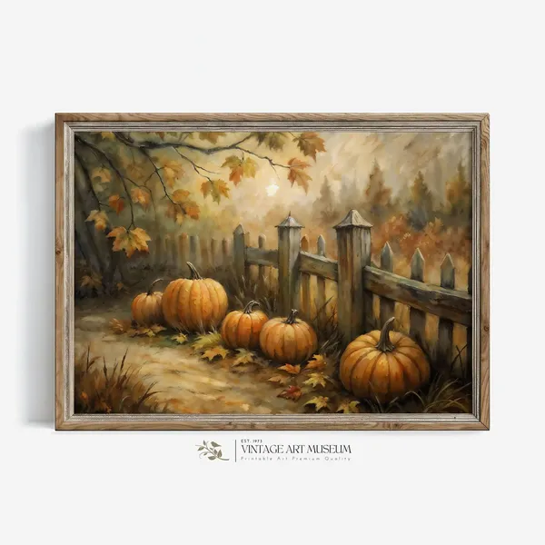 Large Pumpkins Rustic Fence Autumn Art Print