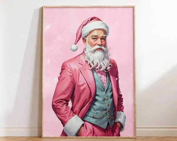 Pink Santa Claus Portrait, Shabby Chic Christmas Art Print