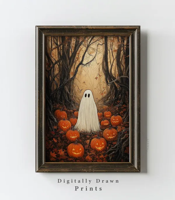 Moody Ghost Halloween Painting, Vintage Autumn Landscape