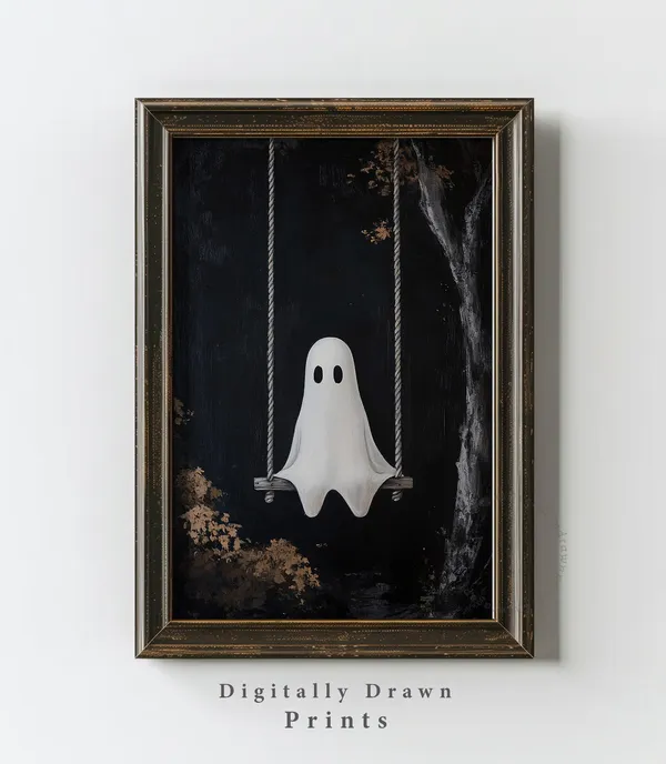 Ghost On Swing Halloween Wall Art Print