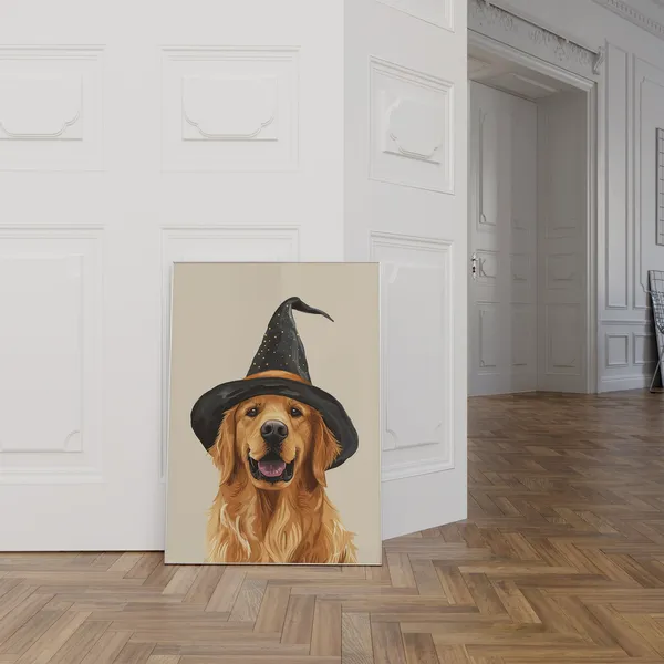 Halloween Golden Retriever Witch Hat Art Print