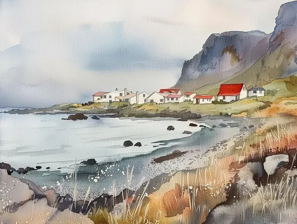 Iceland Cottage Print, Vik Watercolor Travel Poster