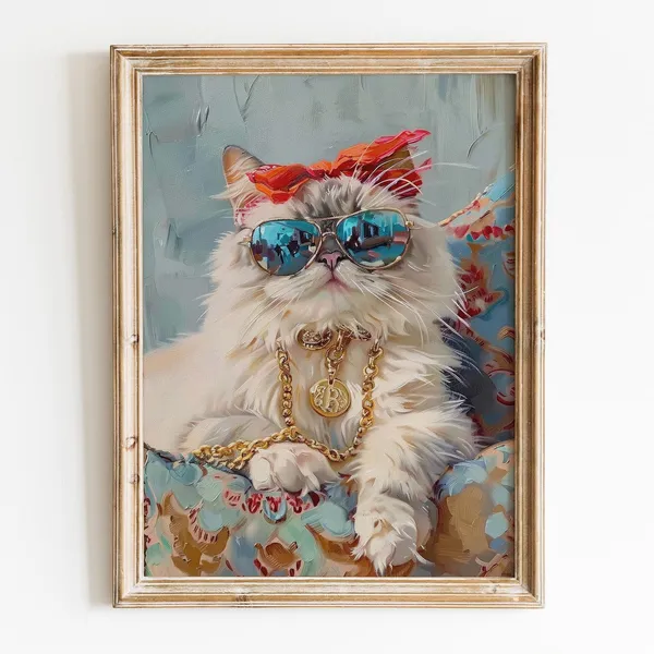 Cool Cat With Sunglasses, Vintage Girly Cat Art Print