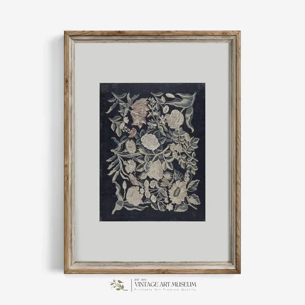Navy Blue Textile Wall Art, Vintage Floral Pattern Art Print