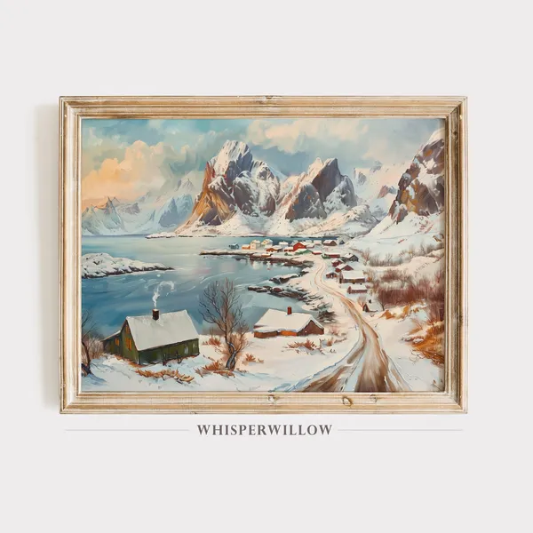 Norway Winter Mountain Homes Vintage Landscape Art Print