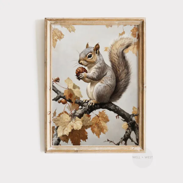 Vintage Squirrel Painting, Neutral Fall Art Print