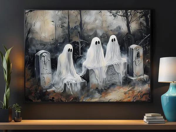 Dark Ghosts in Cemetery, Halloween Art Print