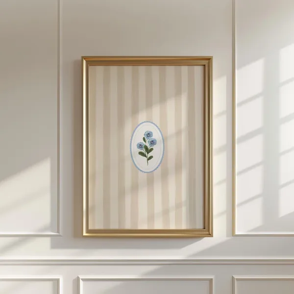 Cream Striped Minimal Floral Art Print, Vintage